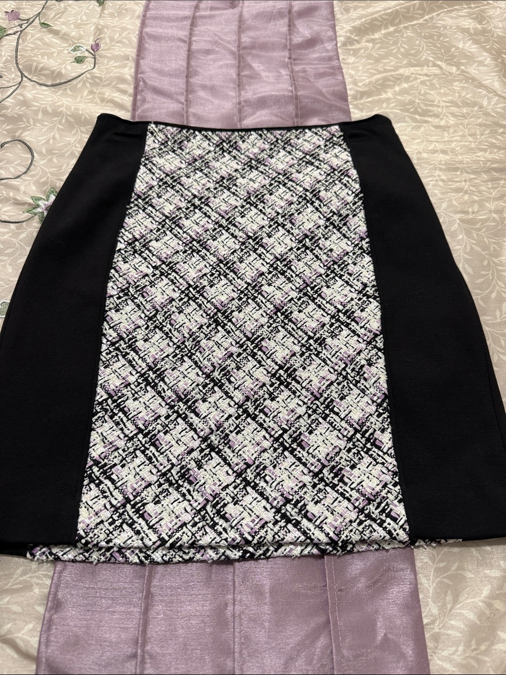 White House Black Market Black & Lilac Tweed-Panel Pencil Skirt